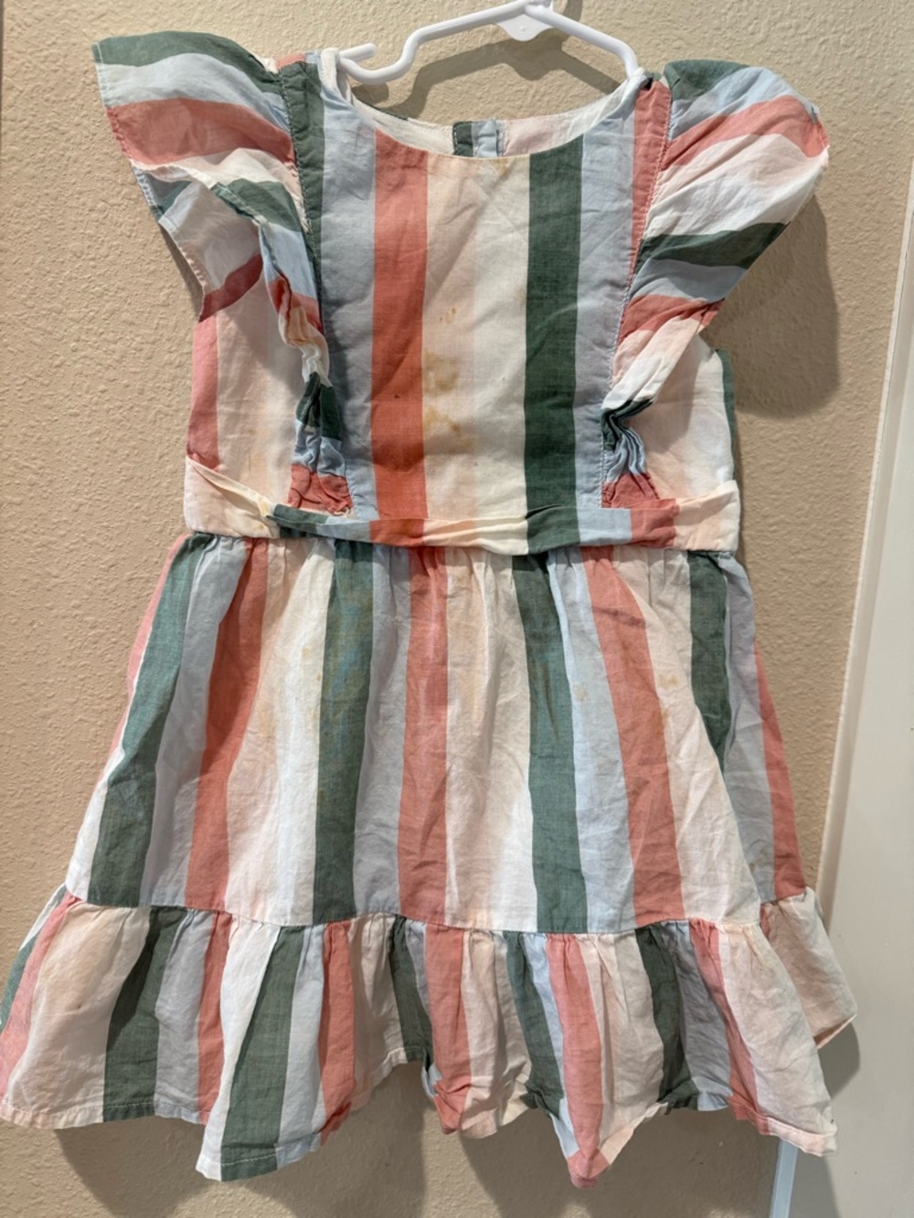 Janie and Jack Striped Ruffle Sleeve Dress - Coral, Sage, Light Blue, White